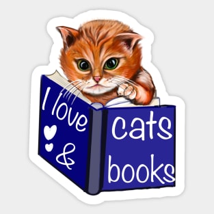 I love cats and books- green eyed Kitten reading a book. White background. For those who love books and reading Sticker